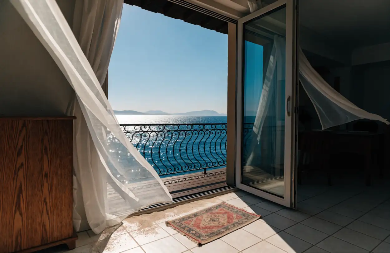 Petit tapis près d'une porte-fenêtre ouverte sur la mer