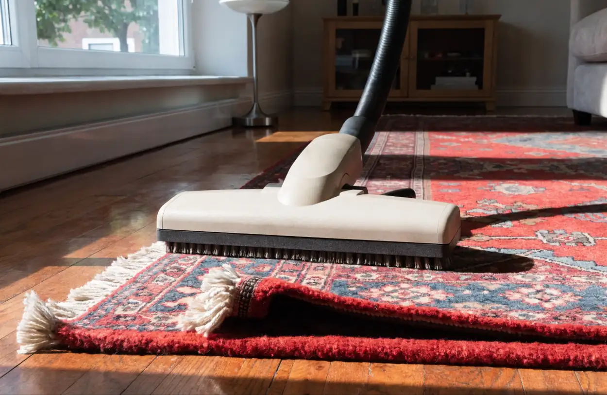 Aspirateur sur un tapis persan, franges écartées