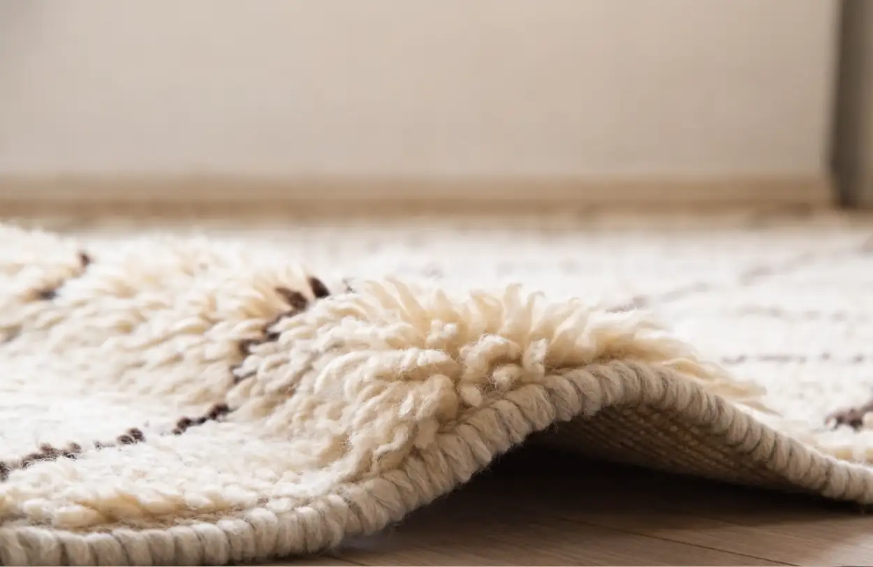 Tapis berbère en laine ivoire, coin retourné