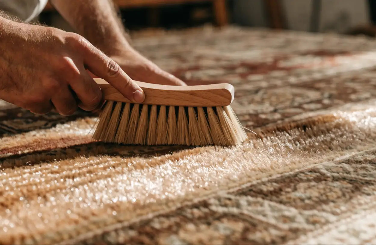 Brossage d'un tapis à la brosse en soies naturelles