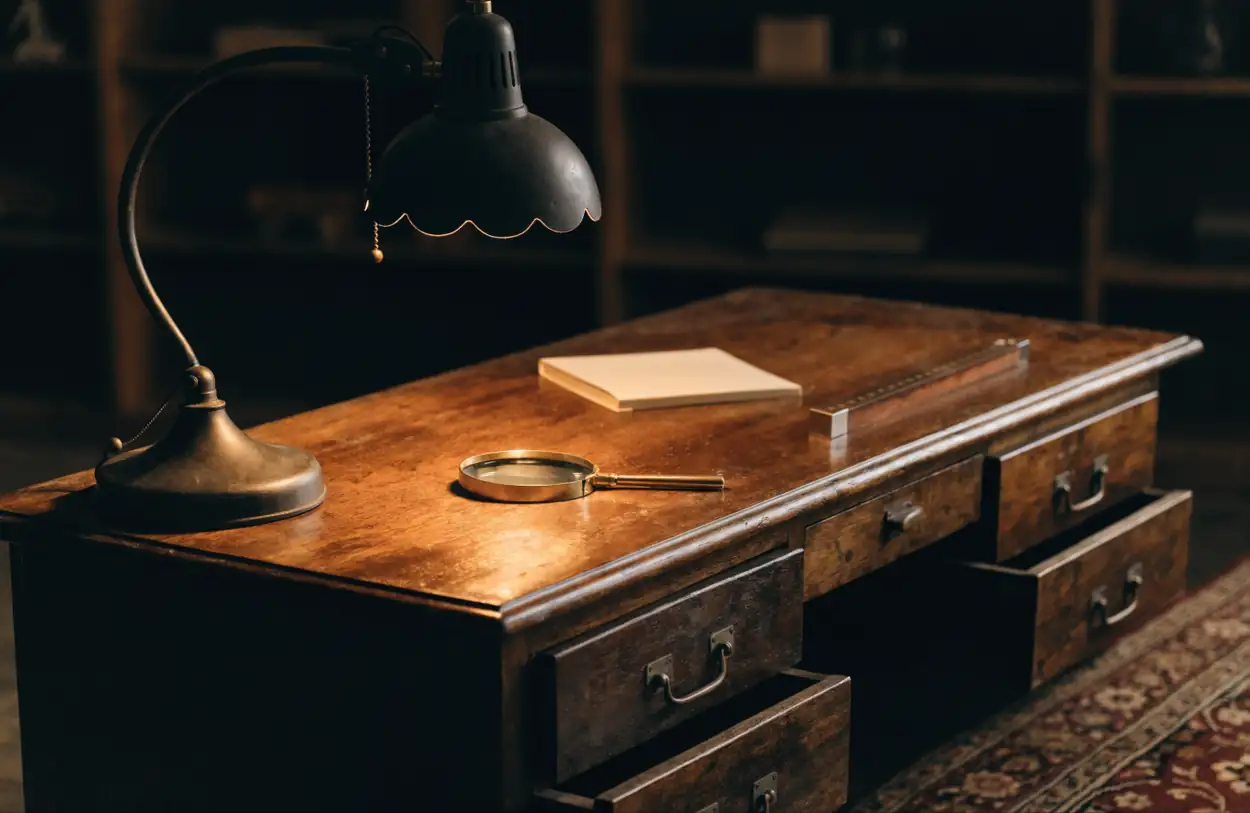 Bureau d'expert : loupe, règle pliante et carnet sous une lampe