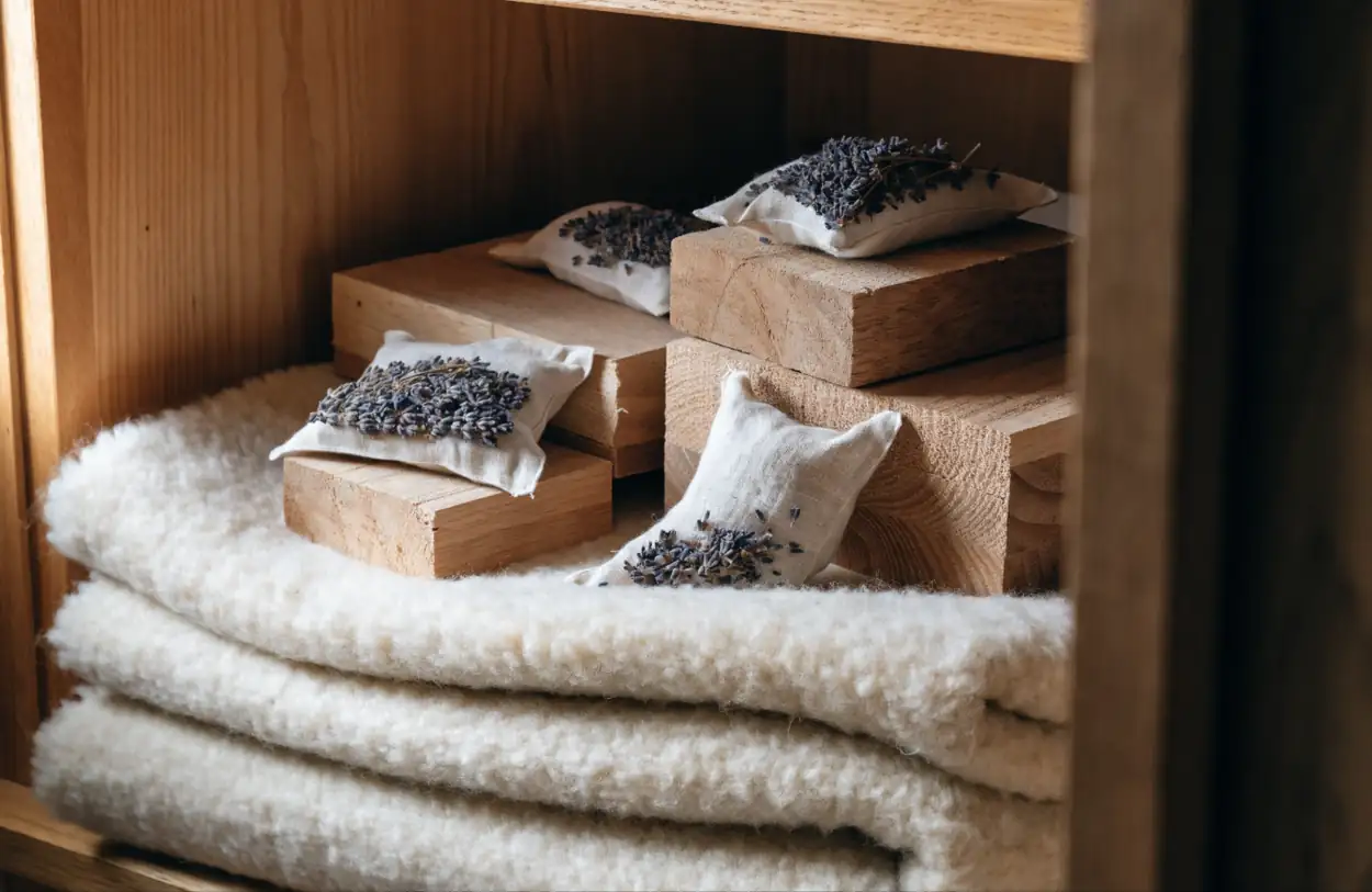Blocs de cèdre et sachets de lavande sur un tapis de laine plié