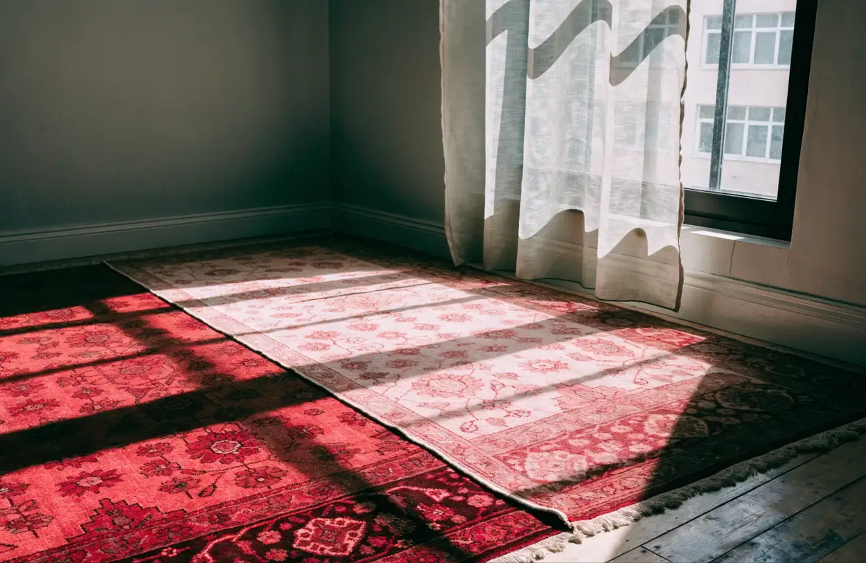 Tapis dont une moitié a pâli au soleil près d'une fenêtre