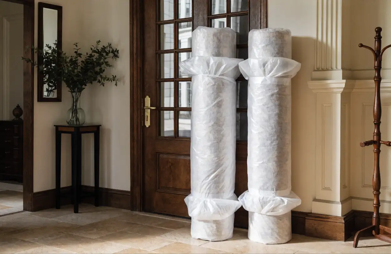 Deux tapis roulés et housés, prêts pour l'enlèvement dans une entrée