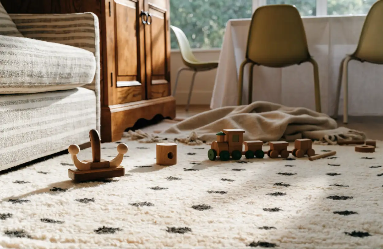 Jouets en bois sur un tapis berbère ivoire dans un salon familial