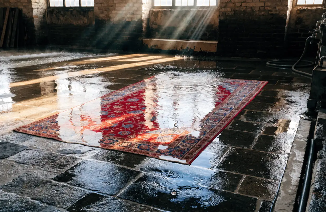 Tapis d'Orient sous une nappe d'eau claire dans une halle de lavage