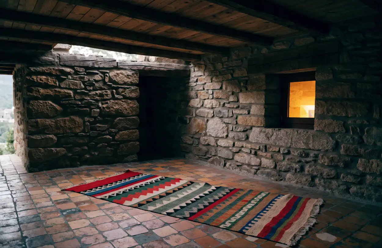 Kilim sur les tomettes d'une maison de village en pierre