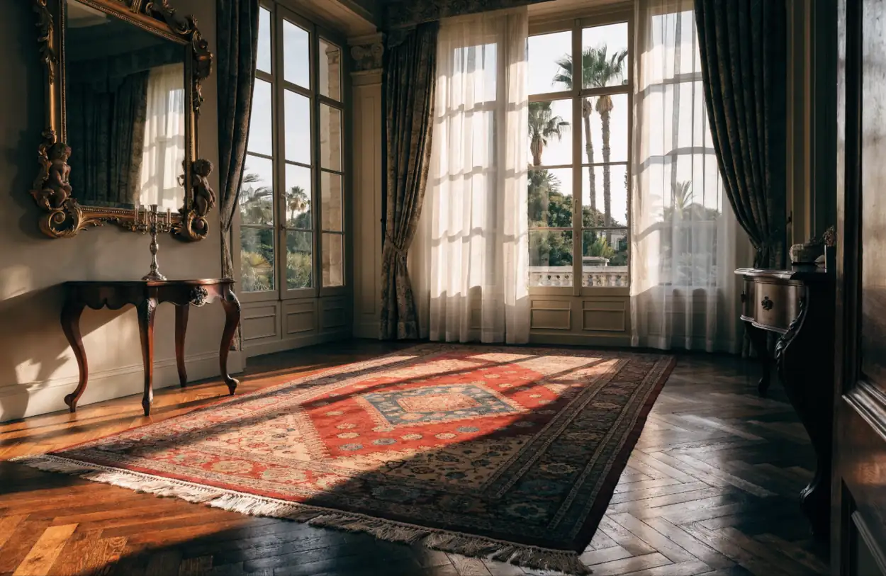 Salon Belle Époque avec grand tapis persan et palmiers à la fenêtre